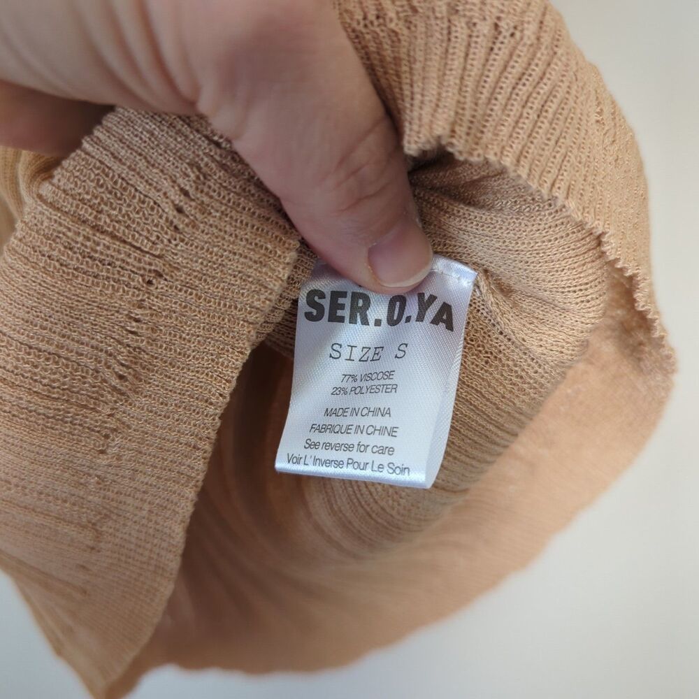 SER.O.YA Abigail Rib Knit Half Short Sleeve Turtleneck Top Tan Small Preppy - Picture 6 of 7